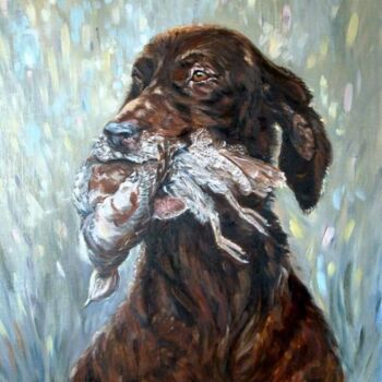 Schilderij getiteld "chien et becasse" door Brigitte Nellissen (Ster), Origineel Kunstwerk, Olie