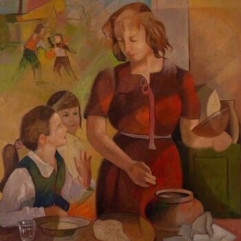 Malarstwo zatytułowany „repas avec les enfa…” autorstwa Bruno Gaulin, Oryginalna praca, Olej