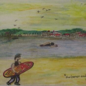 Dibujo titulada "Swimmer and surfer" por Bruno Grégory (BG), Obra de arte original, Acuarela