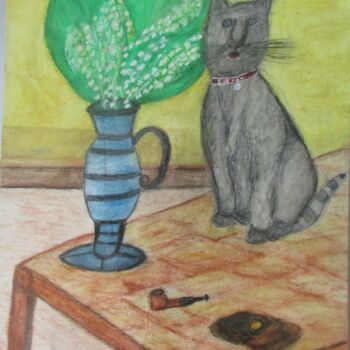 Dessin intitulée "Muguet, chat, pipe…" par Bruno Grégory (BG), Œuvre d'art originale, Aquarelle