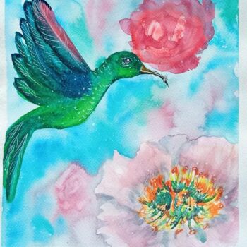 Dessin intitulée "Hummingbird" par By Tata, Œuvre d'art originale, Aquarelle