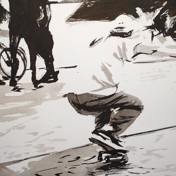「Skate No. 21」というタイトルの描画 Christian Eversによって, オリジナルのアートワーク, インク ウッドパネルにマウント