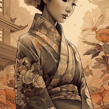 「1980s style geisha…」というタイトルのデジタルアーツ C.Moonheartによって, オリジナルのアートワーク, AI生成画像