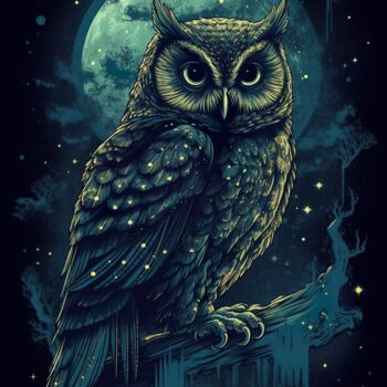 Arts numériques intitulée "Blue green owl" par C.Moonheart, Œuvre d'art originale, Image générée par l'IA
