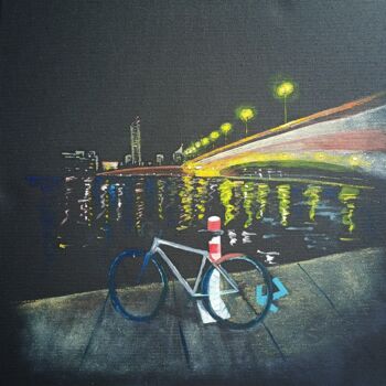 Painting titled "Donau by night" by Calanat, Original Artwork, Acrylic Mounted on Wood Stretcher frame
