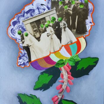 Collages titulada "La fleur aux têtes…" por Carine Capelle (Nelly), Obra de arte original, Collages Montado en Bastidor de c…