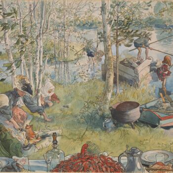 Painting titled "En pêchant les écre…" by Carl Larsson, Original Artwork, Watercolor