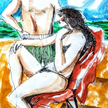 "Couple dans la plage" başlıklı Tablo Decastro tarafından, Orijinal sanat, Suluboya