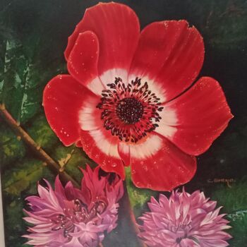 Painting titled "Rosa roja" by Carmen Gimeno Piquer, Original Artwork, Oil Mounted on Wood Stretcher frame