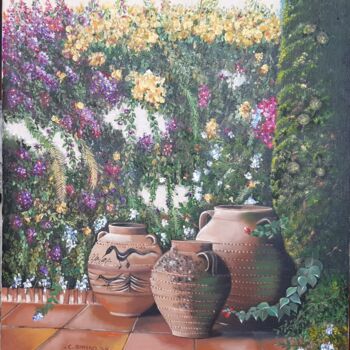 Pintura titulada "Jardín con jarras" por Carmen Gimeno Piquer, Obra de arte original, Oleo Montado en Bastidor de camilla de…