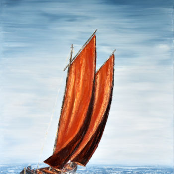 Painting titled "Les voiles rouges" by Carole Sebton, Original Artwork, Oil Mounted on Wood Stretcher frame