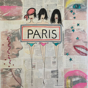 제목이 "PARIS"인 그림 Caroline Montigneaux로, 원작, 마커 나무 들것 프레임에 장착됨