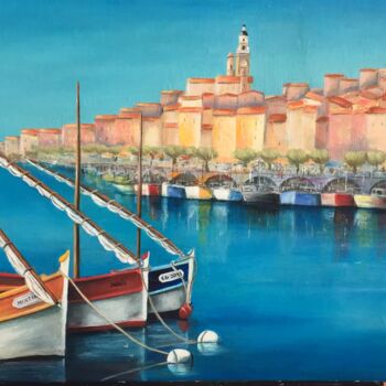 Painting titled "Menton" by Catherine Gillion, Original Artwork, Oil Mounted on Wood Stretcher frame