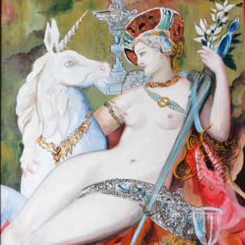 Painting titled "La Dame à la Licorne" by Andromaque, Original Artwork, Oil