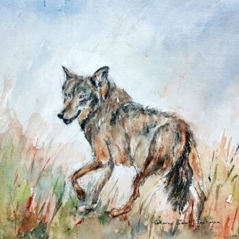 Painting titled "le loup s'en va" by Catherine Saint Fontaine, Original Artwork, Watercolor