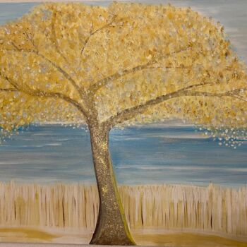 Painting titled "L'arbre d'or" by Cathy Monka, Original Artwork, Acrylic Mounted on Wood Stretcher frame