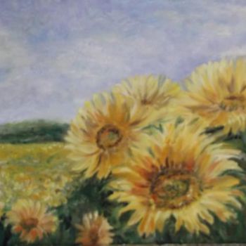 Painting titled "CHAMPS DE TOURNESOLS" by Catherine Cabé (CAT.), Original Artwork, Oil