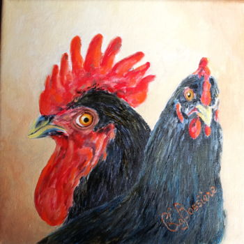 Peinture intitulée "Coq-et-Poule" par Cécile Labossière, Œuvre d'art originale, Huile