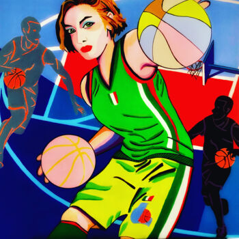 Картина под названием "Le basketball, c'es…" - Chanterax, Подлинное произведение искусства, Акрил Установлен на Деревянная р…
