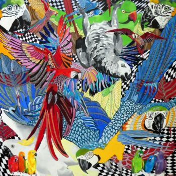 Peinture intitulée "HAPPY PARROTS" par Chap, Œuvre d'art originale, Acrylique Monté sur Châssis en bois