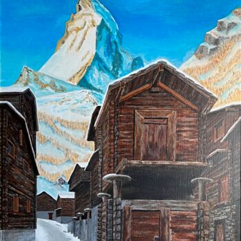 제목이 "Vieux Zermatt et Ce…"인 미술작품 Charles Lienemann로, 원작, 아크릴 나무 들것 프레임에 장착됨