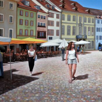 Painting titled "FRIBOURG - Place de…" by Charles Unger, Original Artwork, Oil Mounted on Wood Stretcher frame