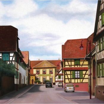 Painting titled "Rue à Pfulgriesheim…" by Charles Unger, Original Artwork, Oil Mounted on Wood Stretcher frame