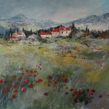 Painting titled "Coquelicots et bleu…" by Christian Charlier, Original Artwork, Acrylic