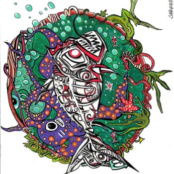 Malerei mit dem Titel "Zombie fish" von Charly Araña, Original-Kunstwerk, Acryl