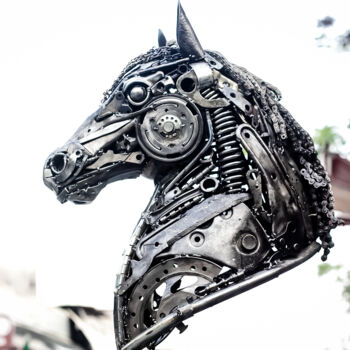 Sculpture titled "Horse head metal sc…" by Chatree Choorachatatorn (Mari9art), Original Artwork, Metals