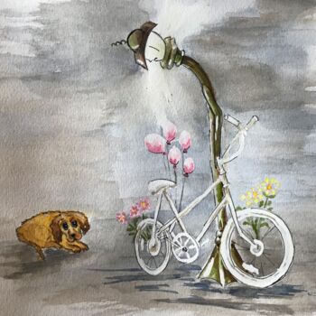 Pintura titulada "Vélo blanc Accideath" por Marie-Noelle Chauny, Obra de arte original, Acuarela