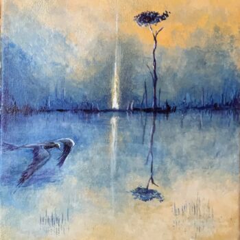 Peinture intitulée "Solitaire bleu et or" par Marie-Noelle Chauny, Œuvre d'art originale, Acrylique Monté sur Châssis en bois