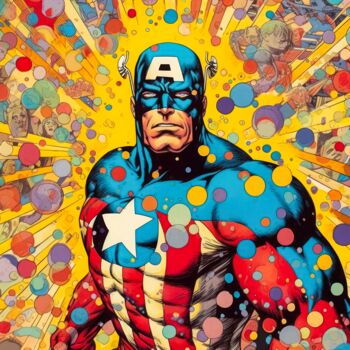 Arts numériques intitulée "POP Captain America" par Cheeky Bunny (Pop Art), Œuvre d'art originale, Peinture numérique Monté…