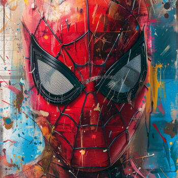 Digital Arts titled "Spiderman #2" by Cheeky Bunny (Pop Art), Original Artwork, Digital Painting Mounted on Wood Stretcher f…