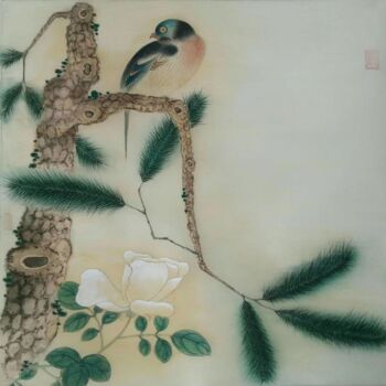 Painting titled "花鳥冊頁之松鳥" by Chen Jun Cao Tang Wu You, Original Artwork, Ink