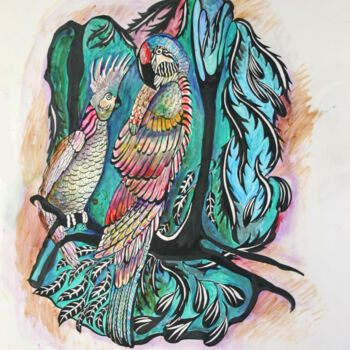 Painting titled "Exotic Birds" by Cheryl Paolini, Original Artwork, Acrylic