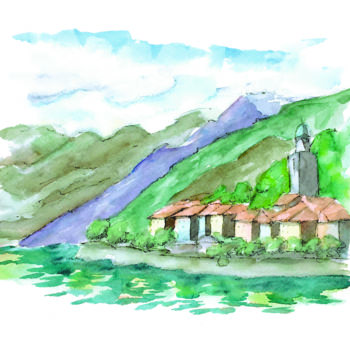 "View of Lake Como a…" başlıklı Tablo Chiara Gomiselli (Chiara Go Arts) tarafından, Orijinal sanat, Suluboya