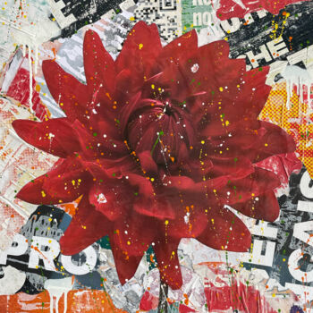 Collages getiteld "Dahlia rouge" door Chris Rose, Origineel Kunstwerk, Collages Gemonteerd op Frame voor houten brancard