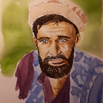 Painting titled "L'Afghan aux yeux b…" by Chris Texier, Original Artwork, Watercolor