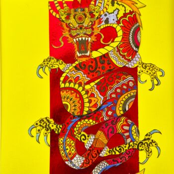 Коллажи под названием "Dragon Rouge" - Christine Germant, Подлинное произведение искусства, Коллажи Установлен на картон
