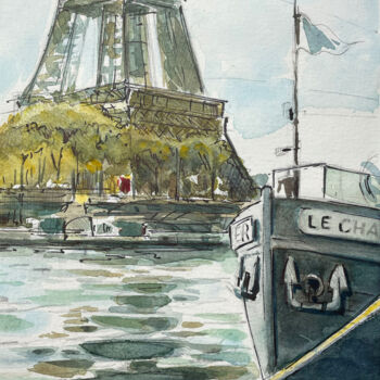 「Paris, Quai debilly」というタイトルの絵画 Christel Fréonによって, オリジナルのアートワーク, 水彩画 段ボールにマウント