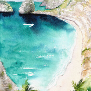 Painting titled "Plage dans les fala…" by Christelle Lachambre, Original Artwork, Watercolor