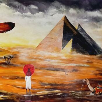 Pittura intitolato "DIRIGEABLE EN EGYPTE" da Christian Garnier, Opera d'arte originale, Acrilico Montato su Telaio per barel…