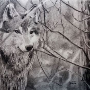 Rysunek zatytułowany „Loup dans la forêt” autorstwa Christian Grosse, Oryginalna praca, Węgiel drzewny