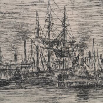 Druckgrafik mit dem Titel "Port de Londres" von Christian Nouyrigat, Original-Kunstwerk, Gravur
