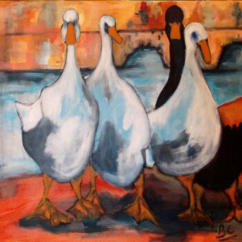 Painting titled "Painting "Geese on…" by Christiane Marette (Christiane Marette - B.C Créations), Original Artwork, Acrylic