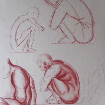 Drawing titled "Etude homme accroupi" by Christophe Clement, Original Artwork, Pastel