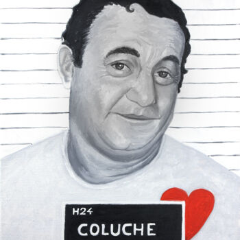 Painting titled "Coluche, arrêté en…" by Christophe Stephan Durand, Original Artwork, Oil Mounted on Wood Stretcher frame