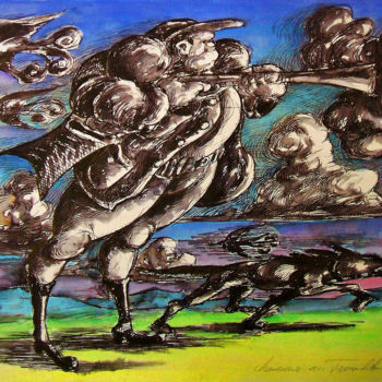 Dessin intitulée "Chasseur au tromblon" par Christophe Gol, Œuvre d'art originale, Encre