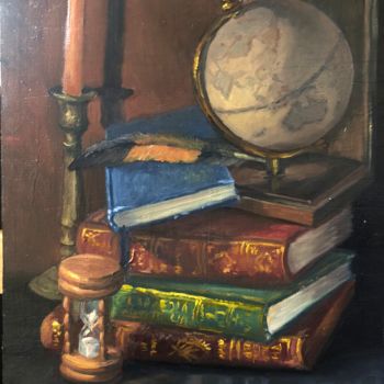 Peinture intitulée "Globe, books and ti…" par Christopher Vidal, Œuvre d'art originale, Huile
